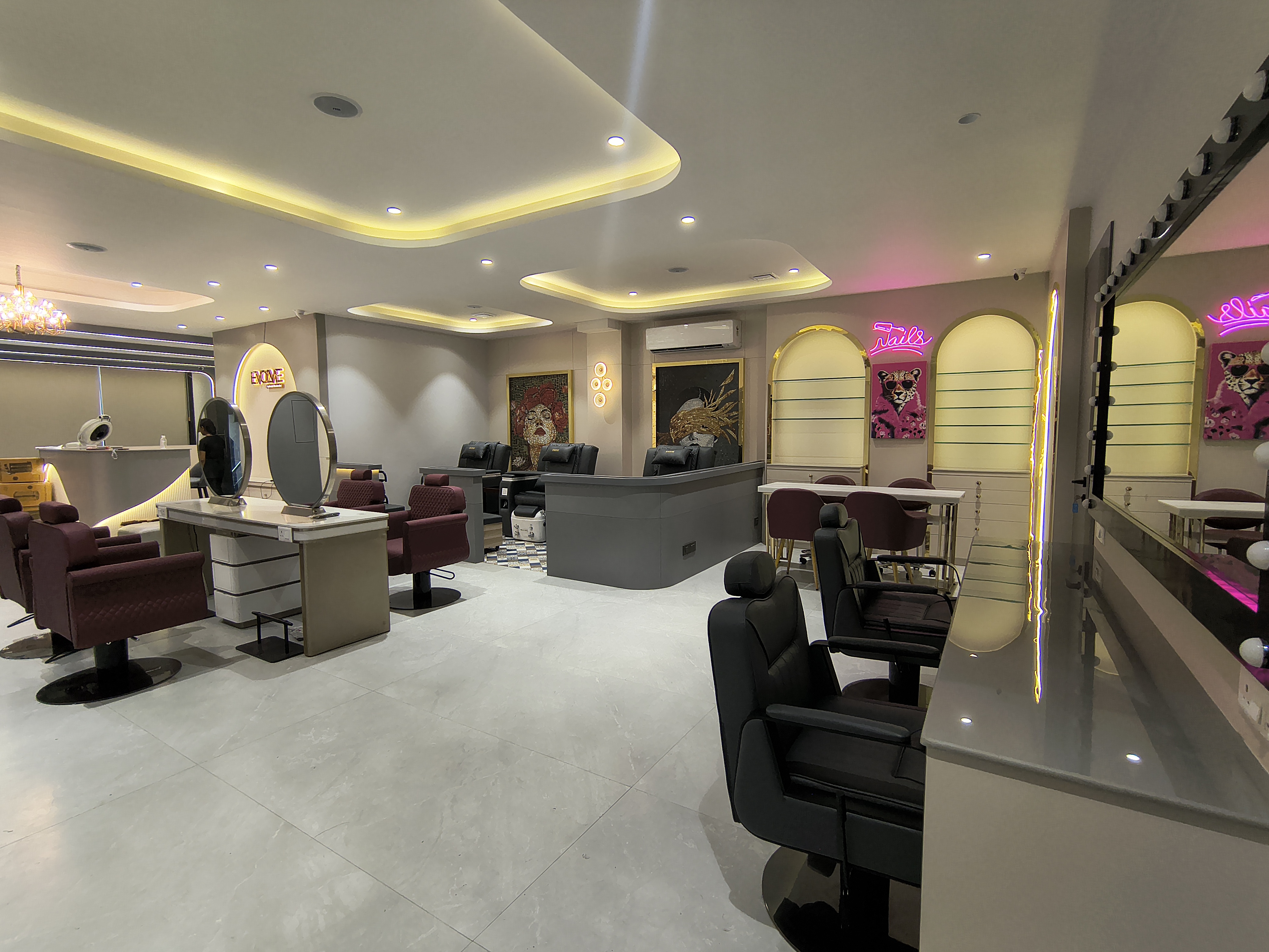 Salon reception area with elegant warm lighting